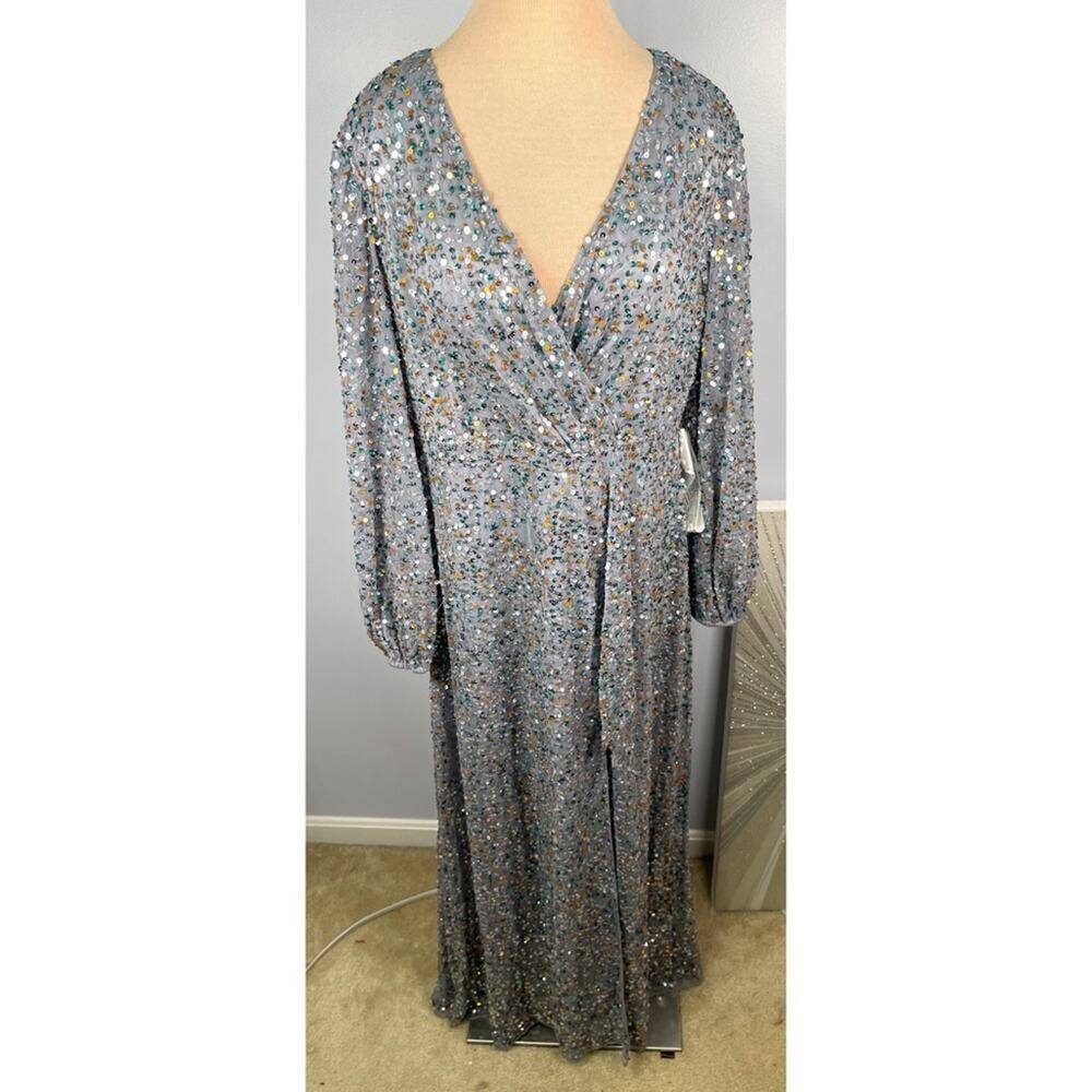 MAC DUGGAL Multi Colored Sequin Silver Long Sleeve Maxi Gown Size 16 - Picture 3 of 9